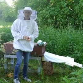 Der Imker hat alles vorbereitet zum Einlaufen der Bienen in ihr neues Zuhause