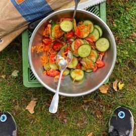 Es gab leckeren Salat mit geretteten Gurken, Tomaten, Möhren und Zwiebeln #foodsharing