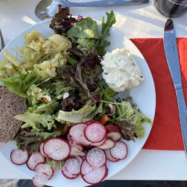 Hier ein Beispiel unseres mehrgängigen Menüs: Salat mit Brot, Rettich, eine Knoblauchcreme und ein Gericht aus Fenchel und grünem Spargel