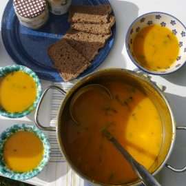 Leckere vegane Kürbissuppe mit frischem Brot und Kräutern aus dem Ess-Gärtle begeistert die TeilnehmerInnen des veganen Brunch